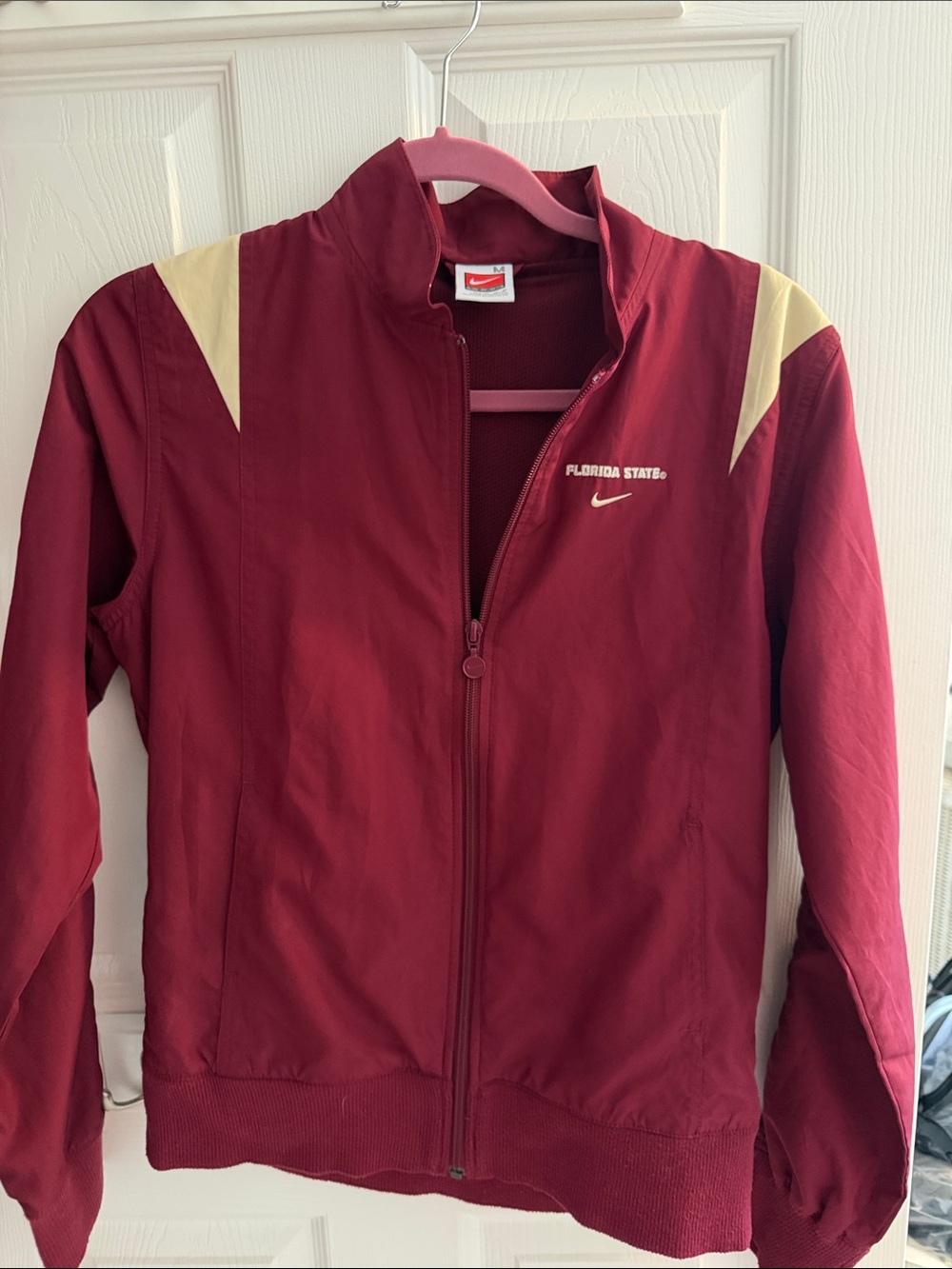 Nike Women's Maroon Varsity Jacket with Cream Shoulder Accents
